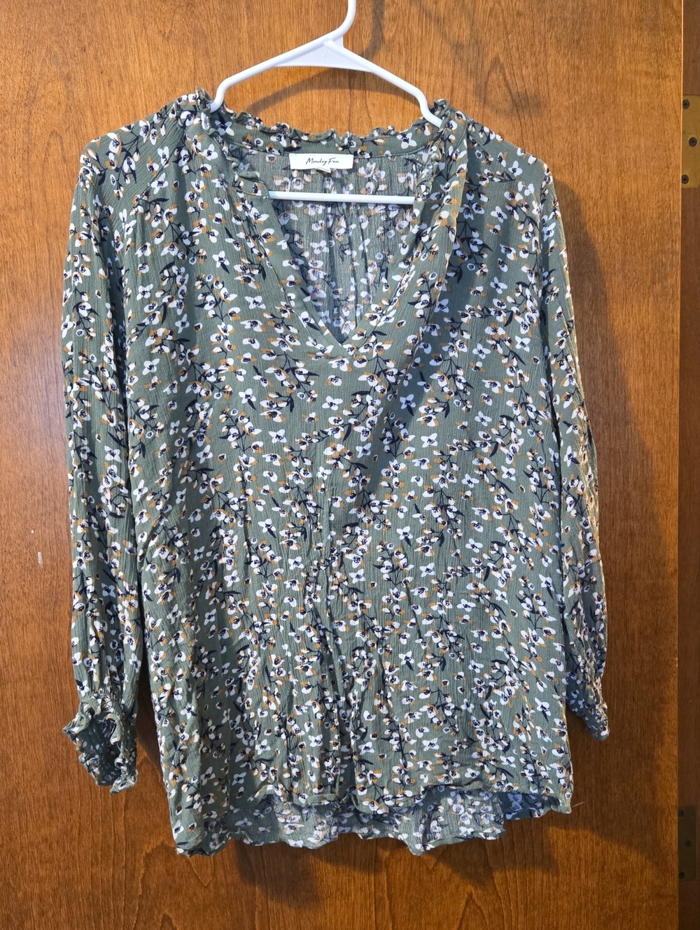 Monday Fun Sage Green Floral V-Neck Ruffle Blouse